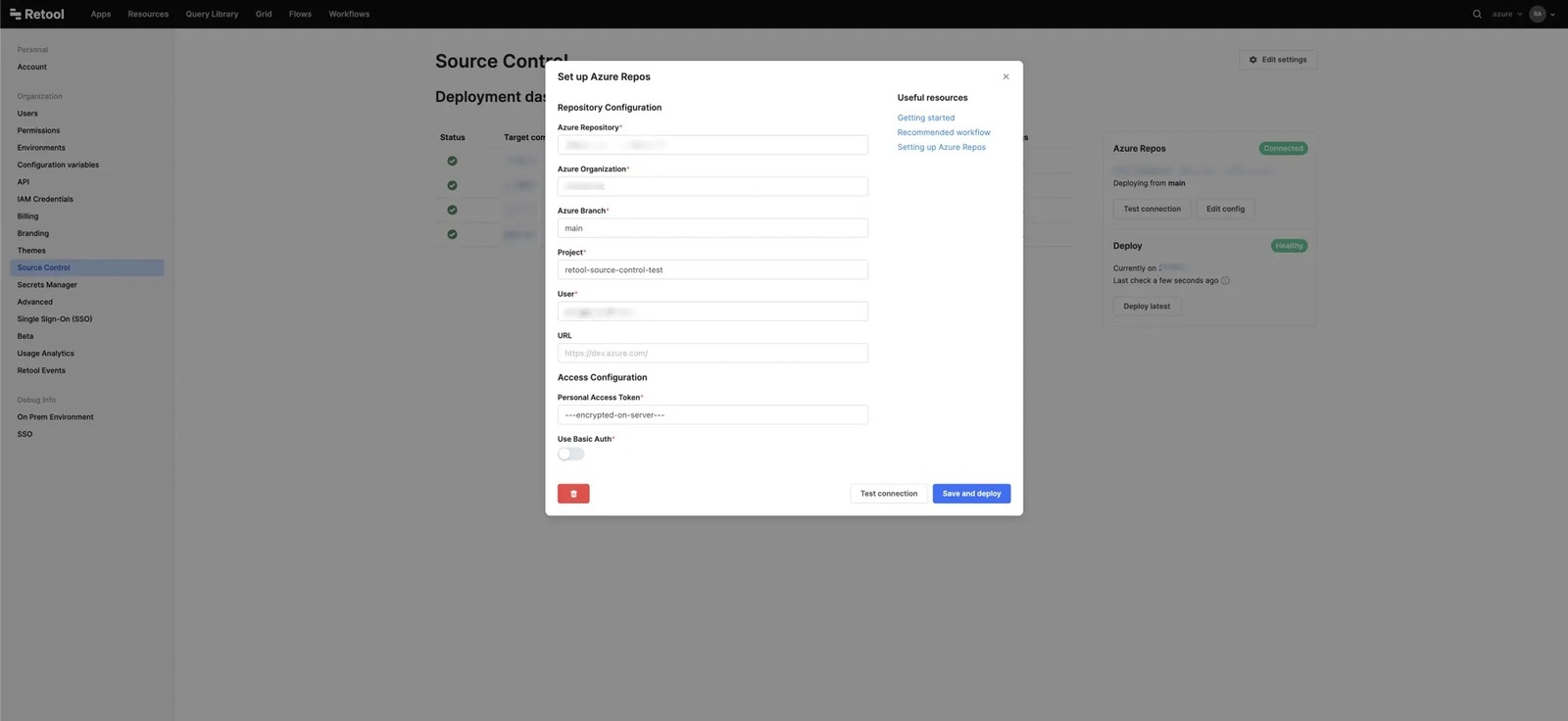 Configure Azure Repos settings on Retool