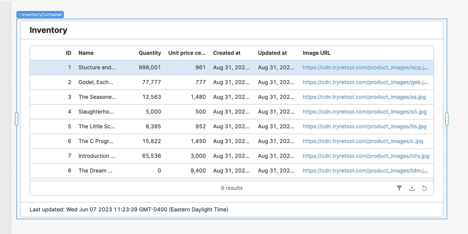 Container overview with Table component