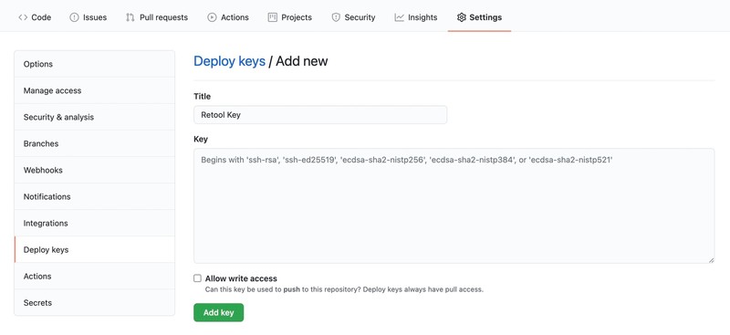 Adding the deploy key of the read-only instance to the repository.