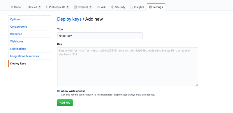 Add Retool's public key to your Git repository. Make sure you grant write access.