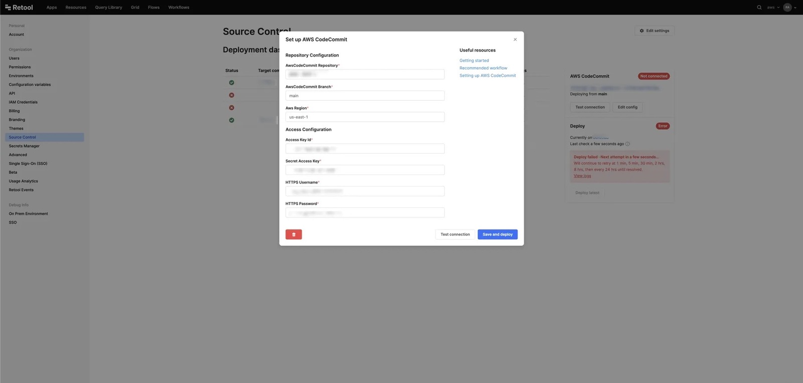 Configure AWS CodeCommit settings on Retool