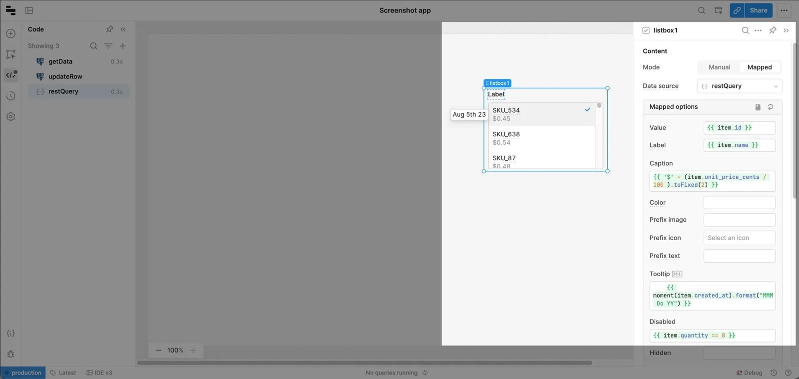 Options mapped from query, updated with JavaScript logic