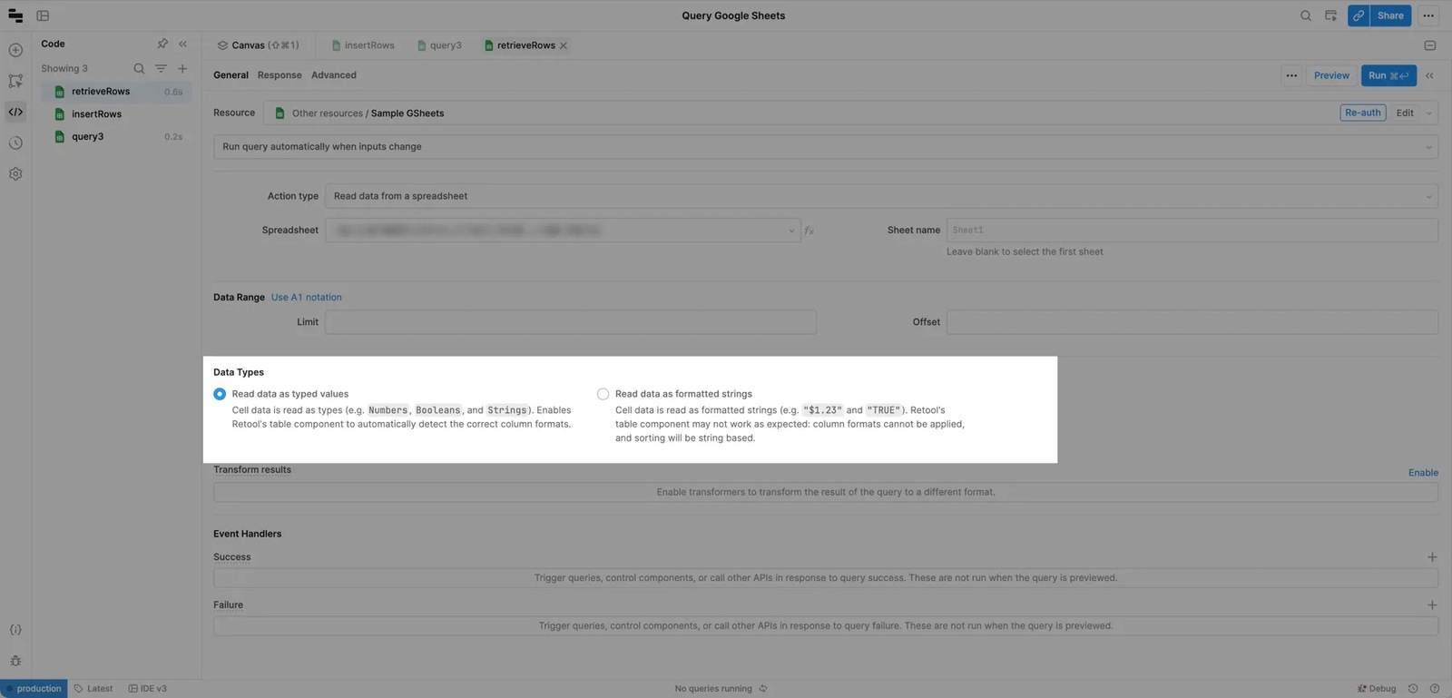 Set a query to read sheet data as typed values