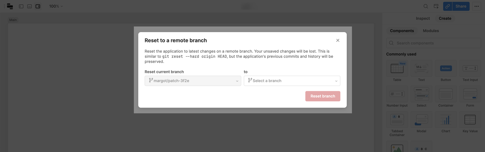 Reset branch modal