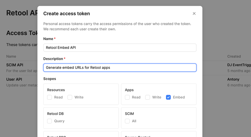 Creating a token with the Embed scope