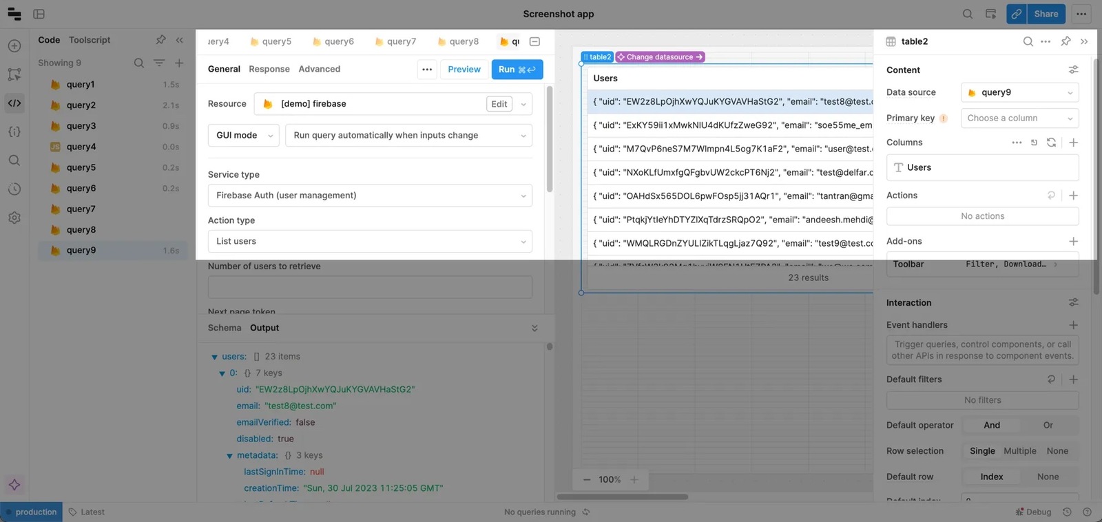 Displaying users in a table