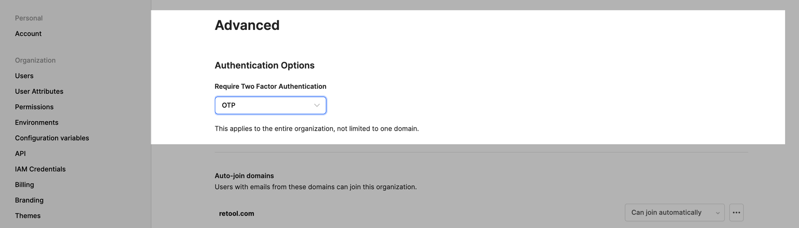 Setting to require 2FA across entire organization