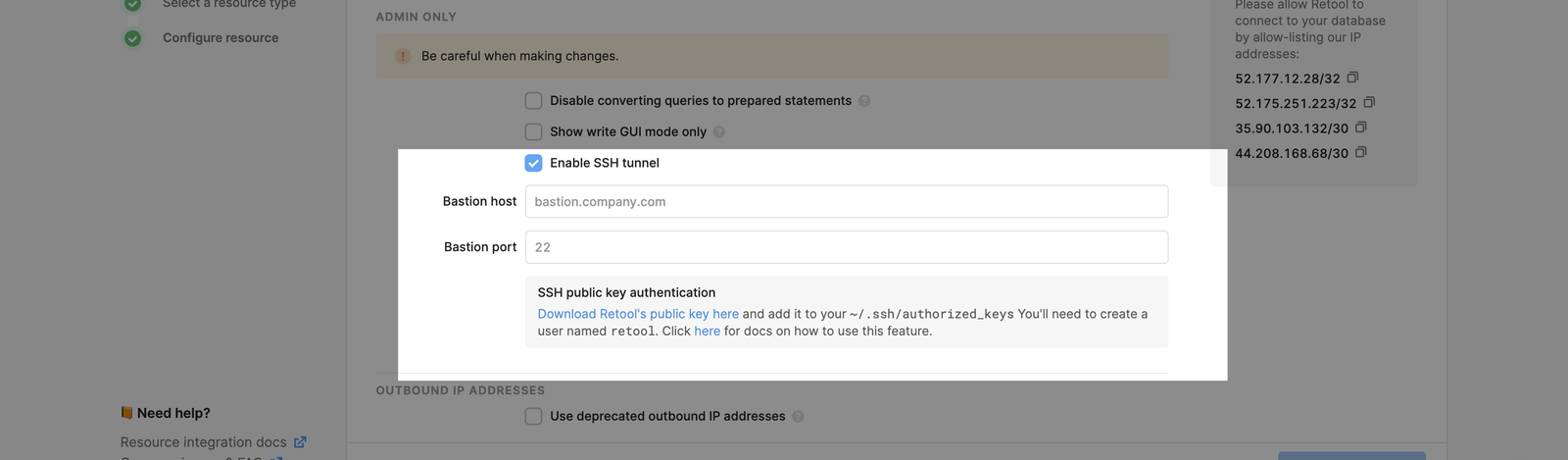 Enable SSH tunnel from resource configuration