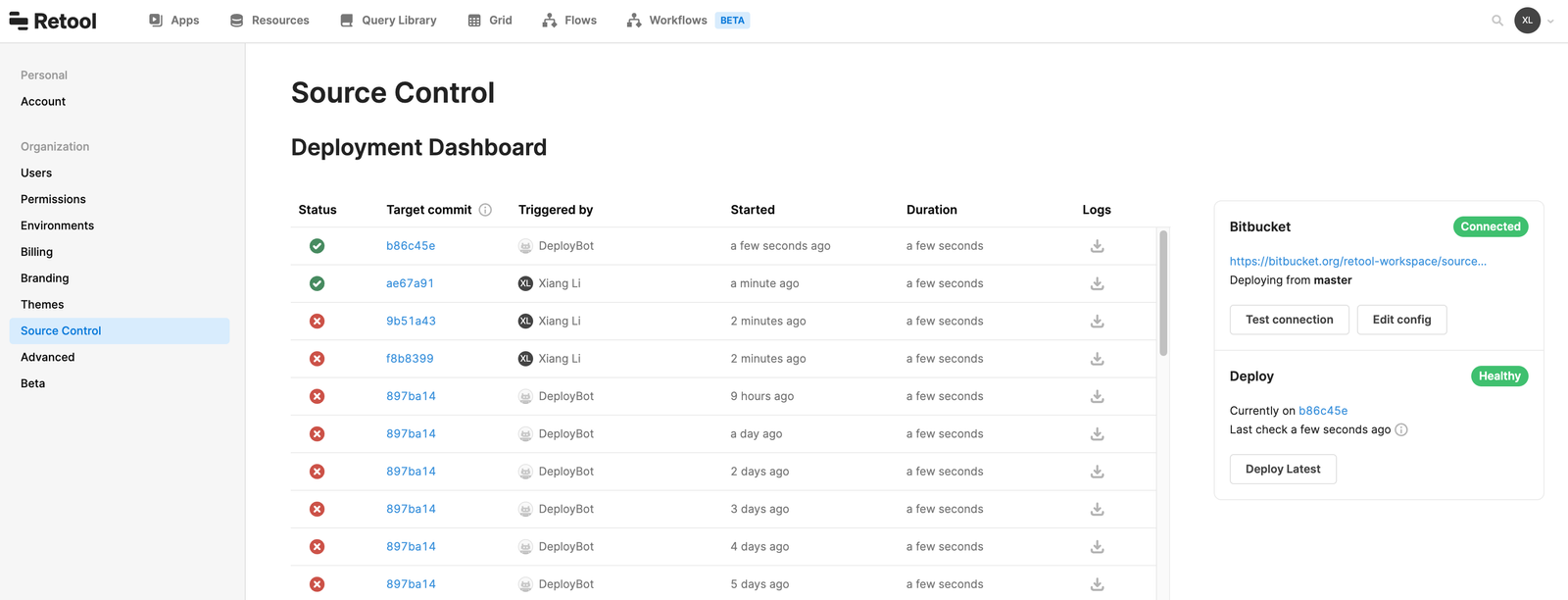 Deployment dashboard and test connection example