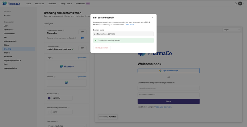 A screenshot of the Retool branding settings page showing custom domains