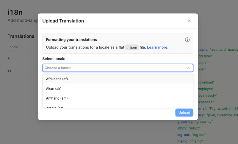 Upload translations modal