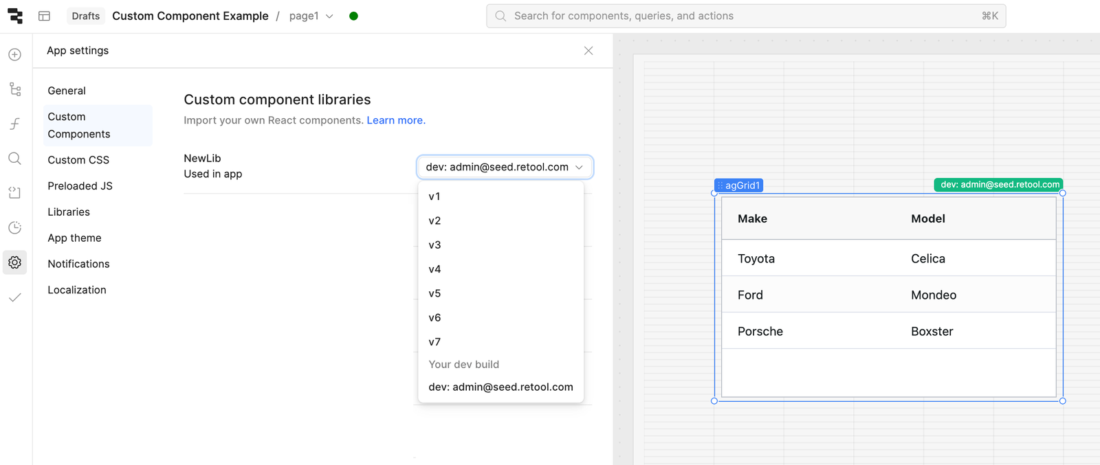 Custom component library versions can be changed in each app's settings. If you are using a dev mode version, all custom components are marked with a green tab that describes the branch being used.