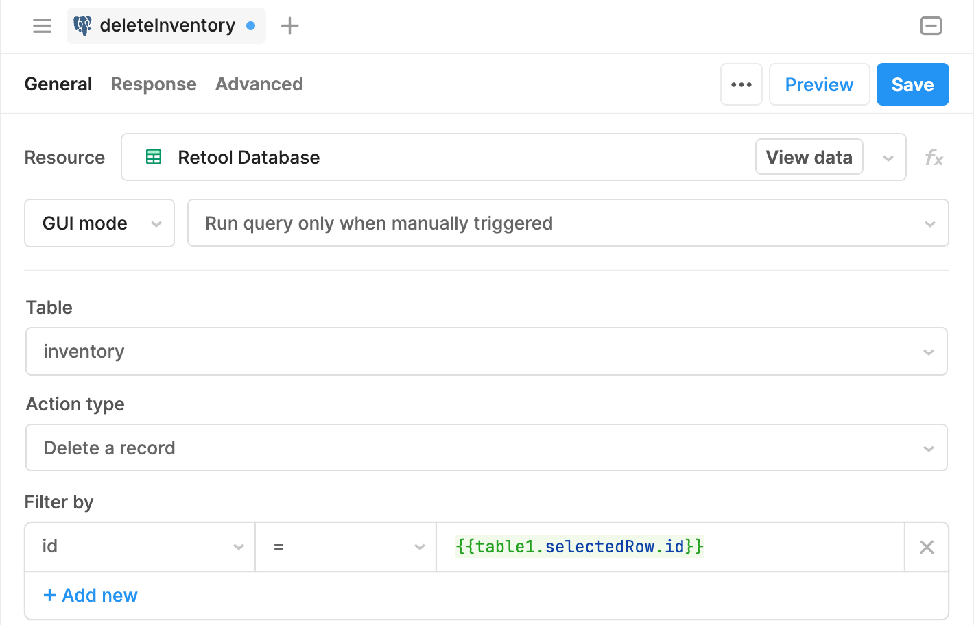 deleteInventory query