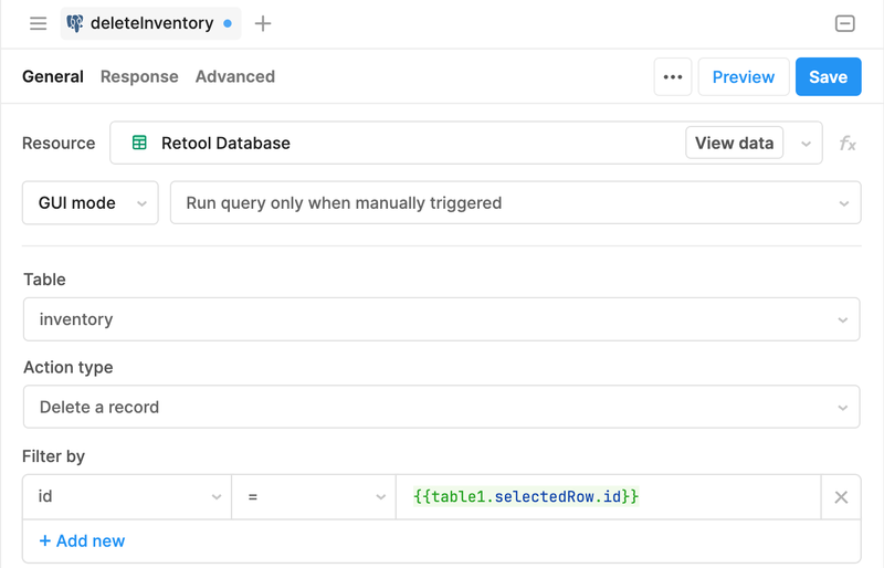 deleteInventory query