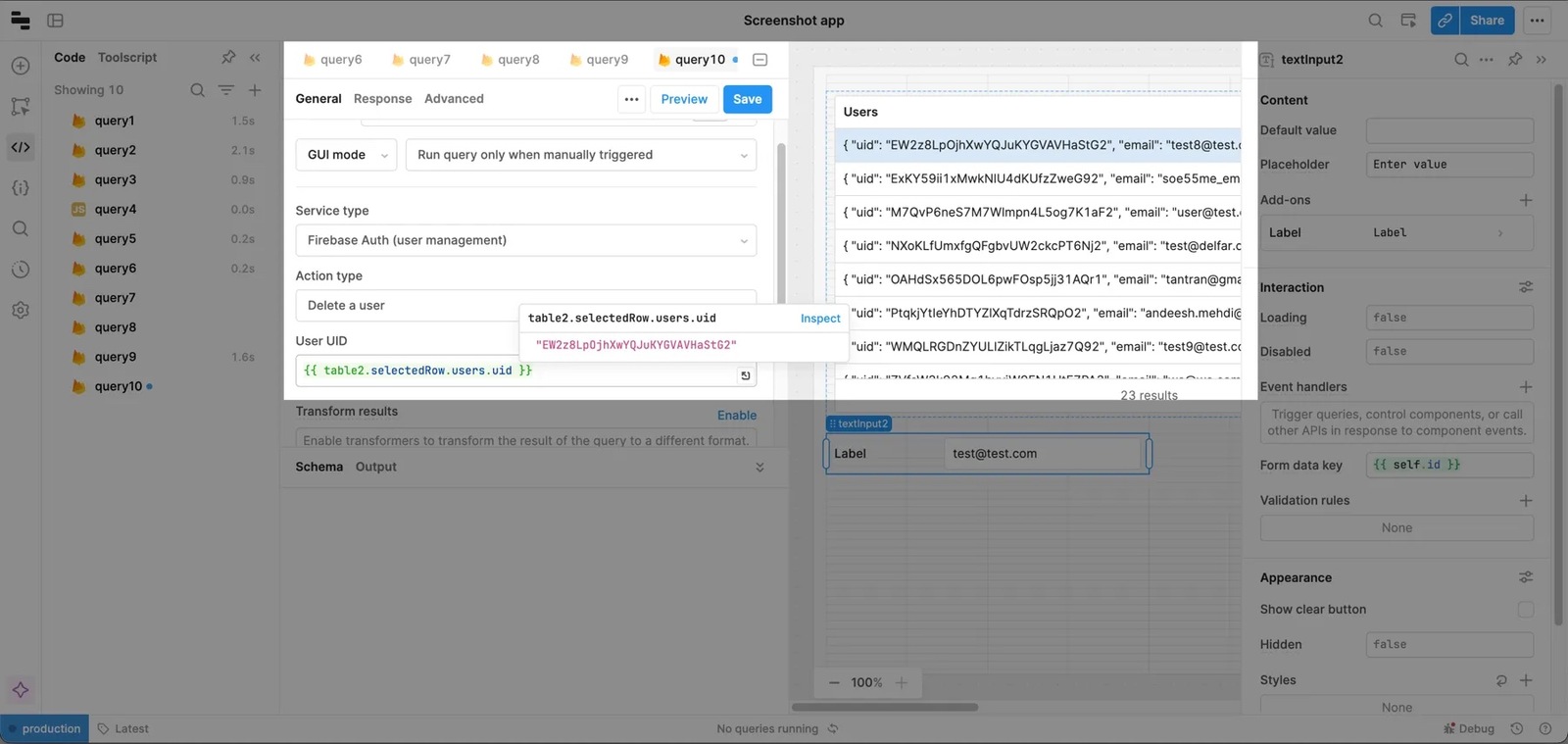 Query that deletes the user selected in the table