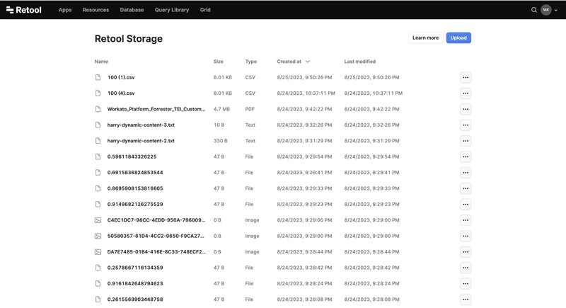 Upload and view all files on the Retool Storage home page