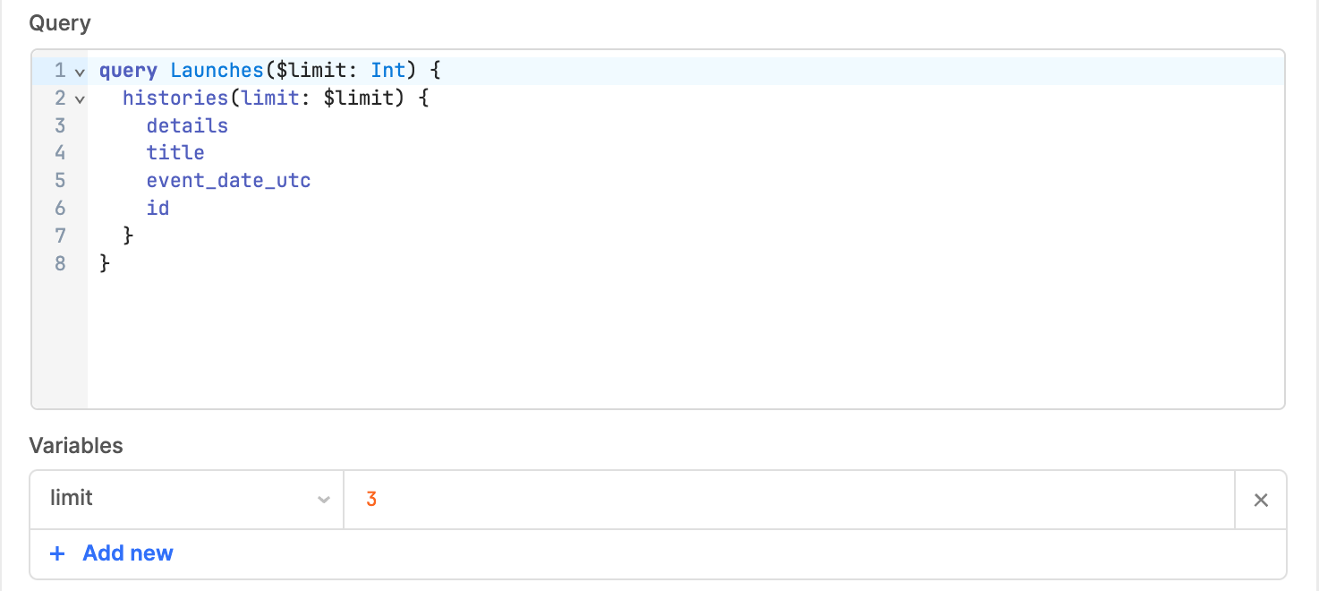 GraphQL variables in the query editor.