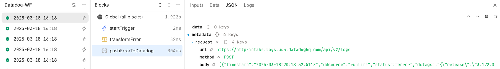 Run history for Datadog-WF workflow