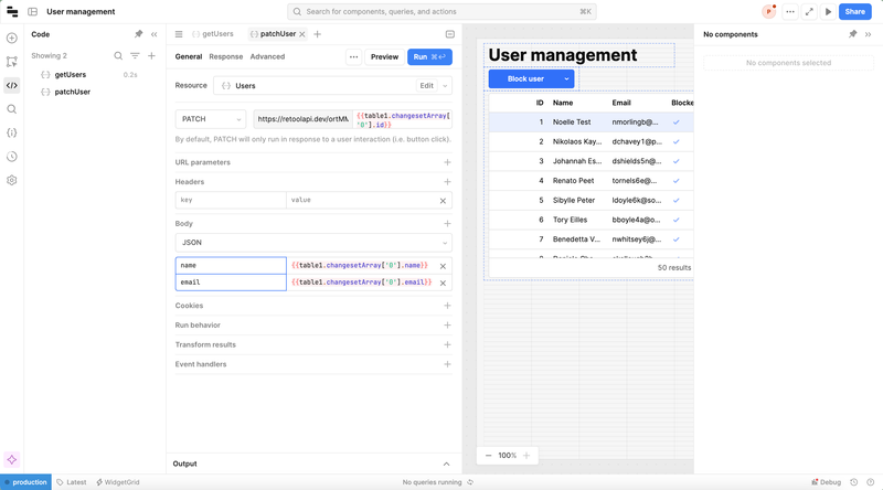 `patchUser` endpoint URL and body