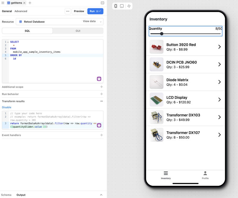 The query data dynamically transforms as the slider value changes.