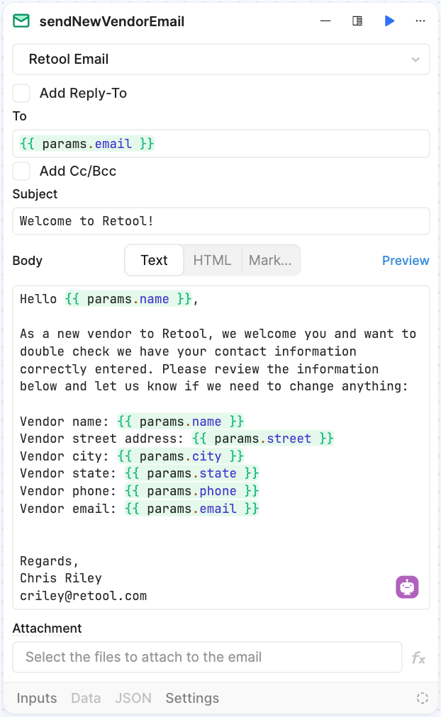 sendNewVendorEmail Block