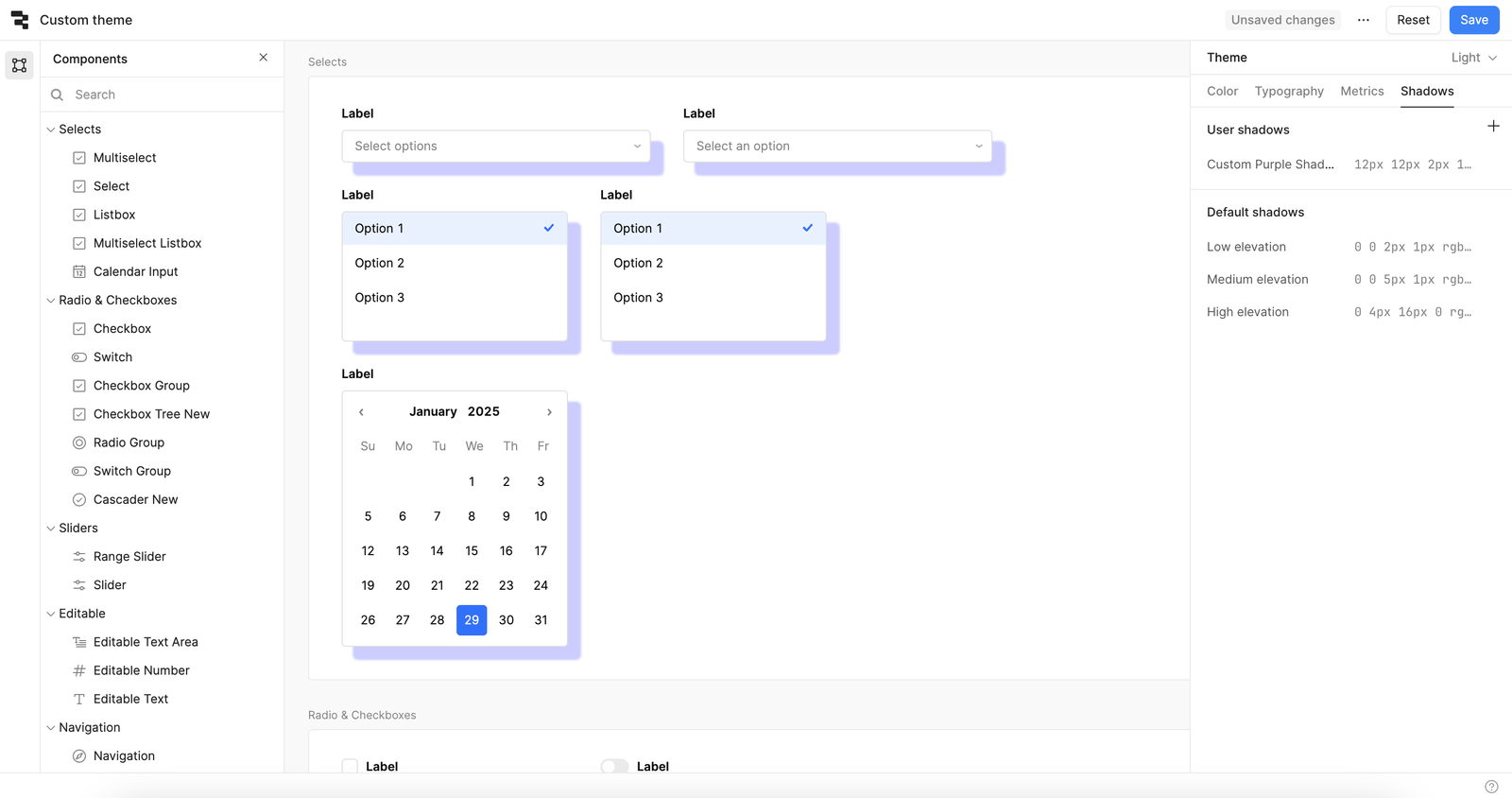 Select inputs in the theme editor with a custom shadow