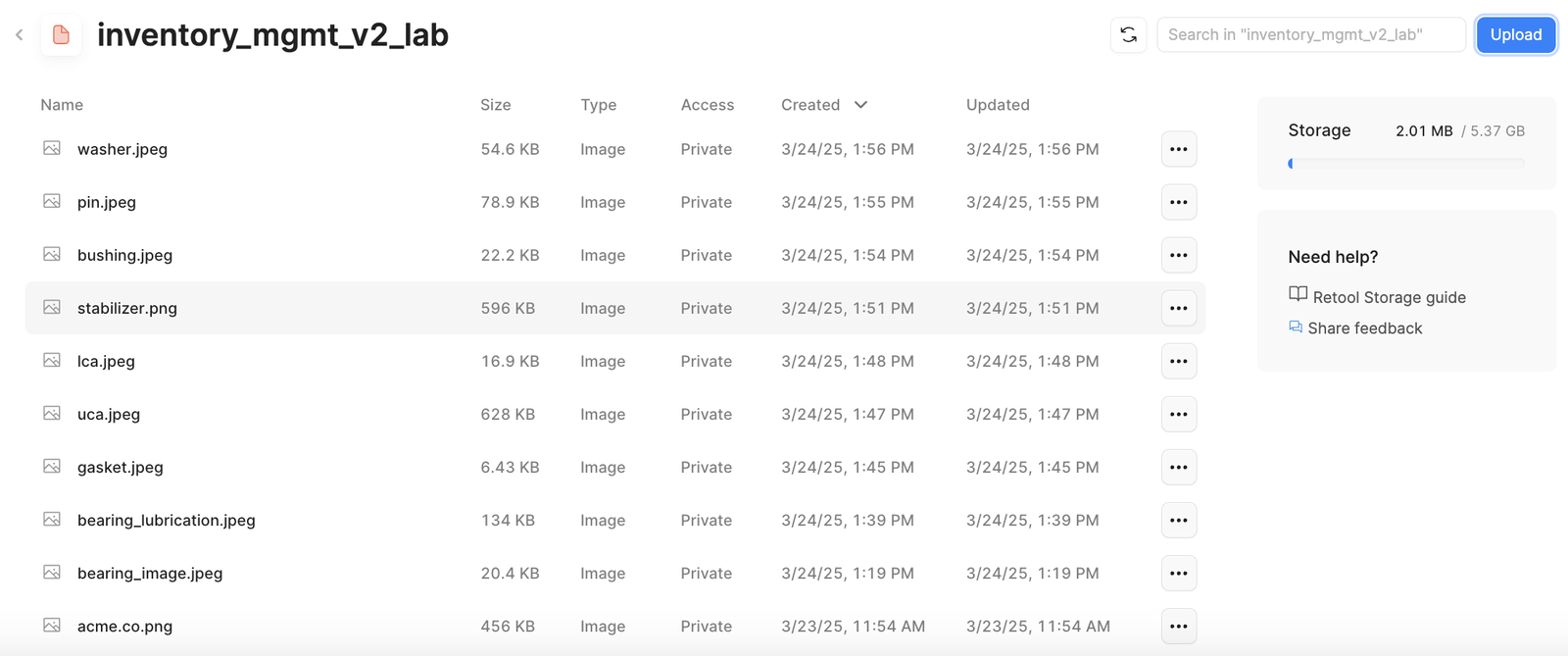 Retool Storage Folder contents