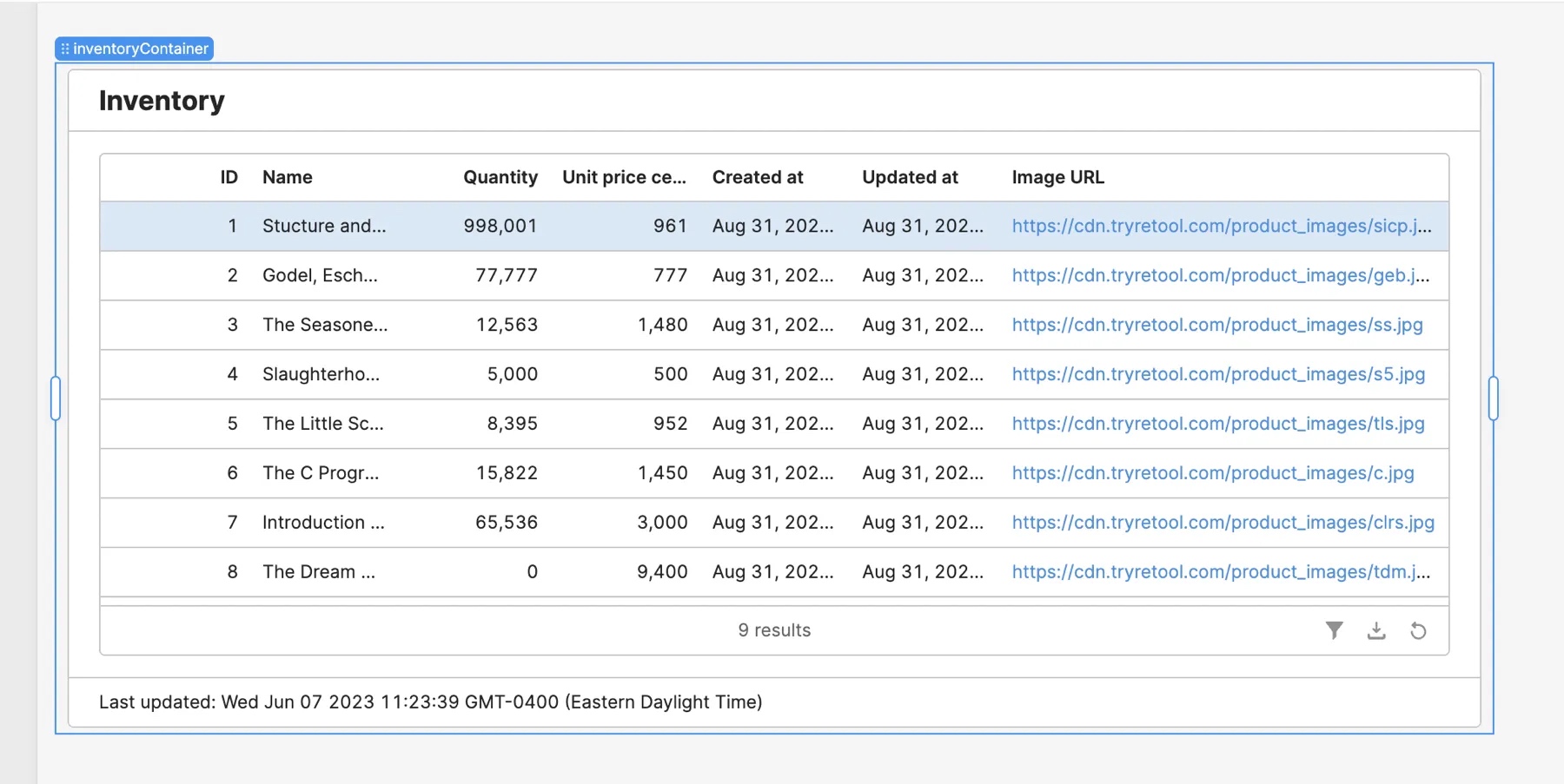 Container overview with Table component