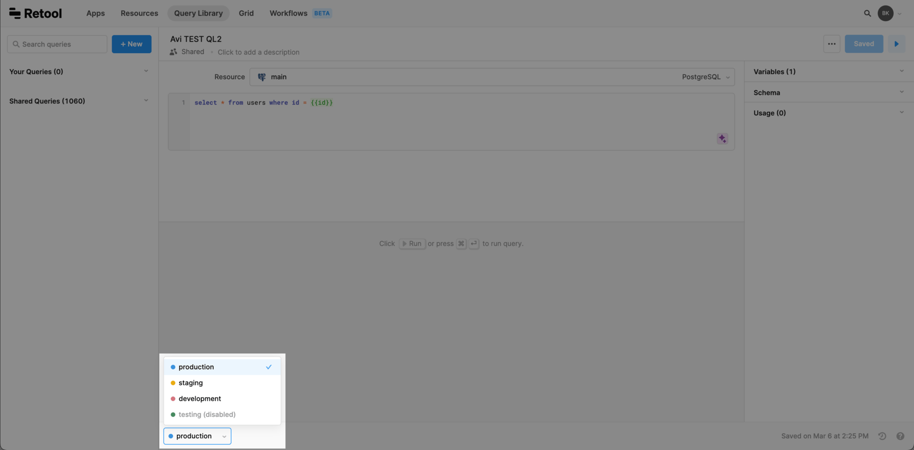 Selecting an environment to run a query in