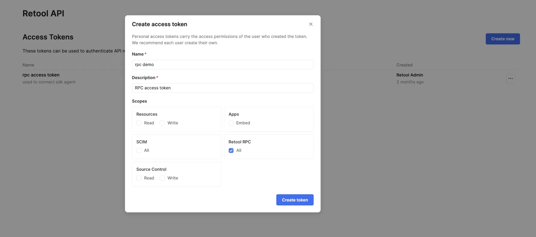 Retool RPC Access Token