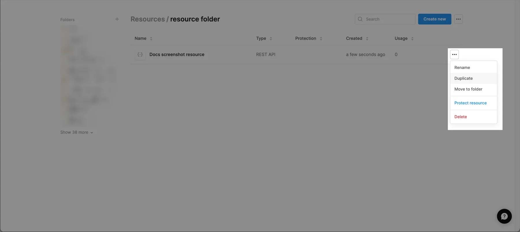 Viewing the Resource actions menu