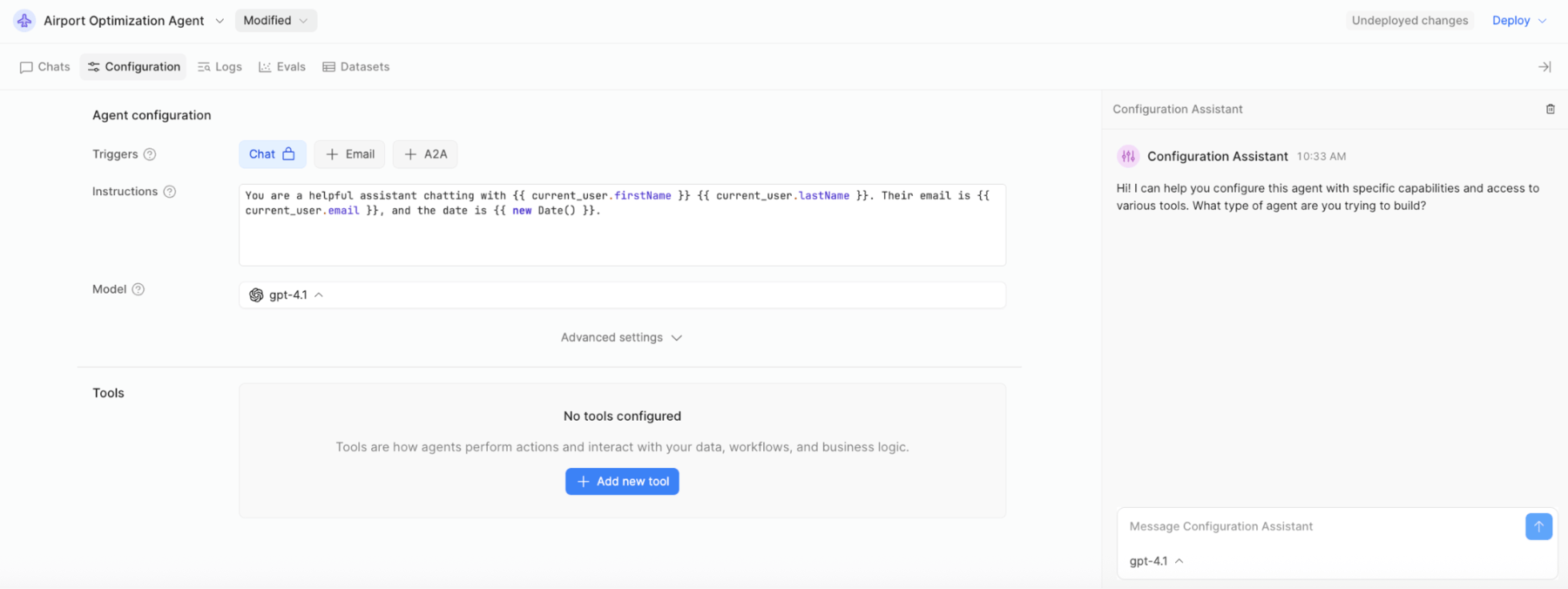 Agent configuration overview dialog