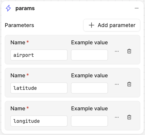 Params block showing airport, latitude, longitude inputs
