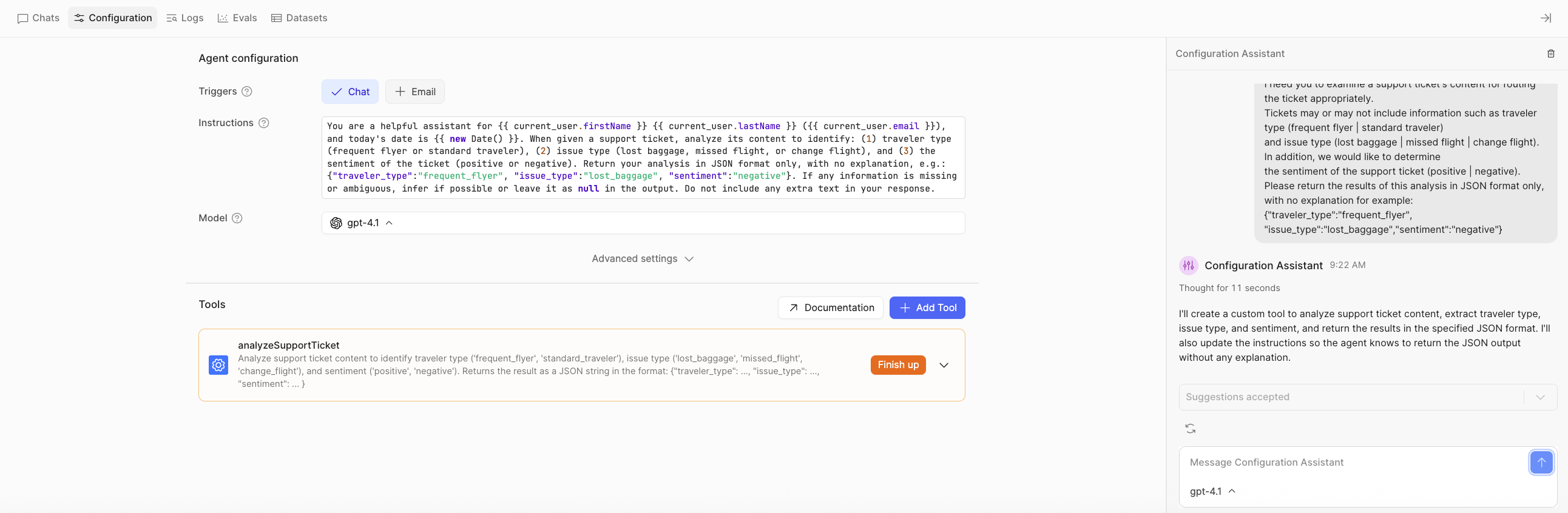 Agent configuration and tool