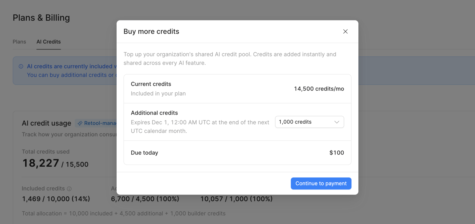 The Buy more credits dialog showing current credits, the credit pack selector, and the amount due today.