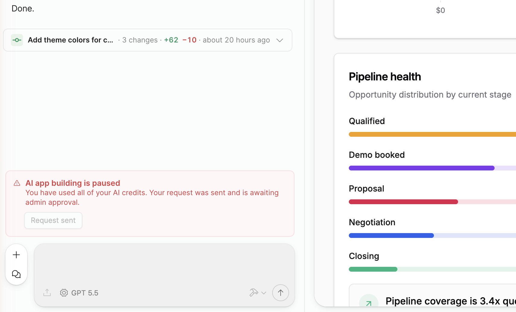 The app builder chat panel showing the AI app building is paused notice after a limit increase request is sent.