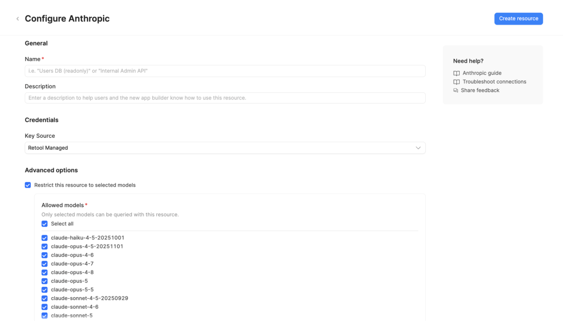 AI resource: restrict to select models