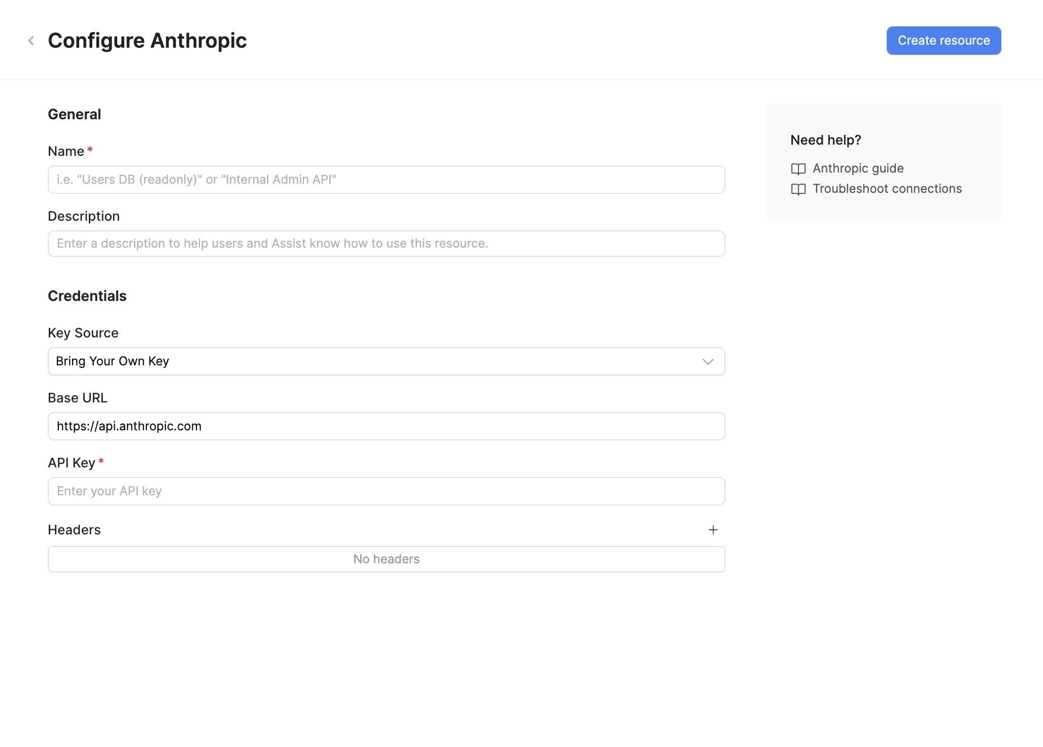 Anthropic resource configuration with your own API key