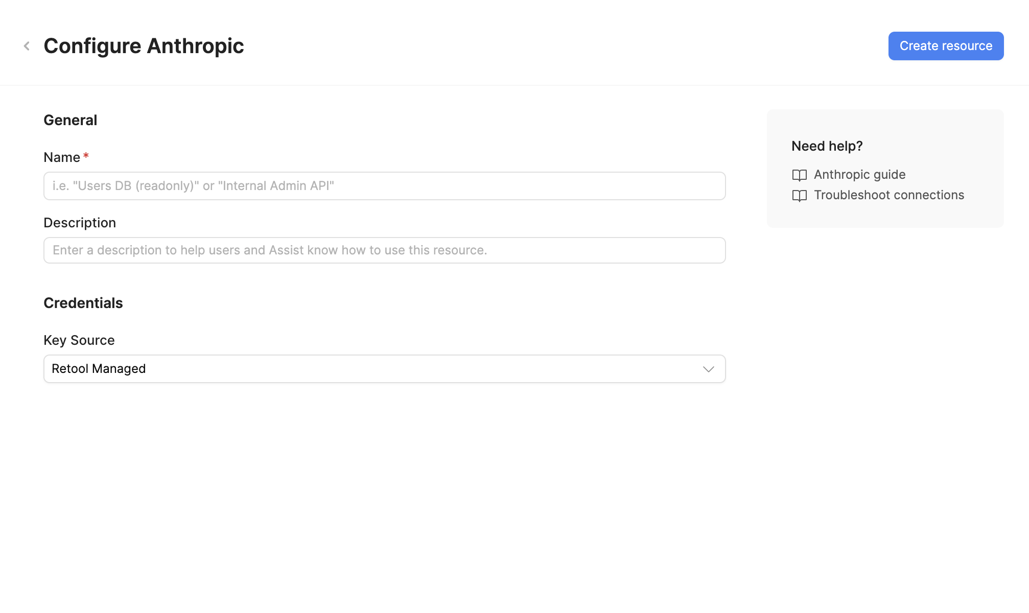 Anthropic resource configuration with Retool-managed key