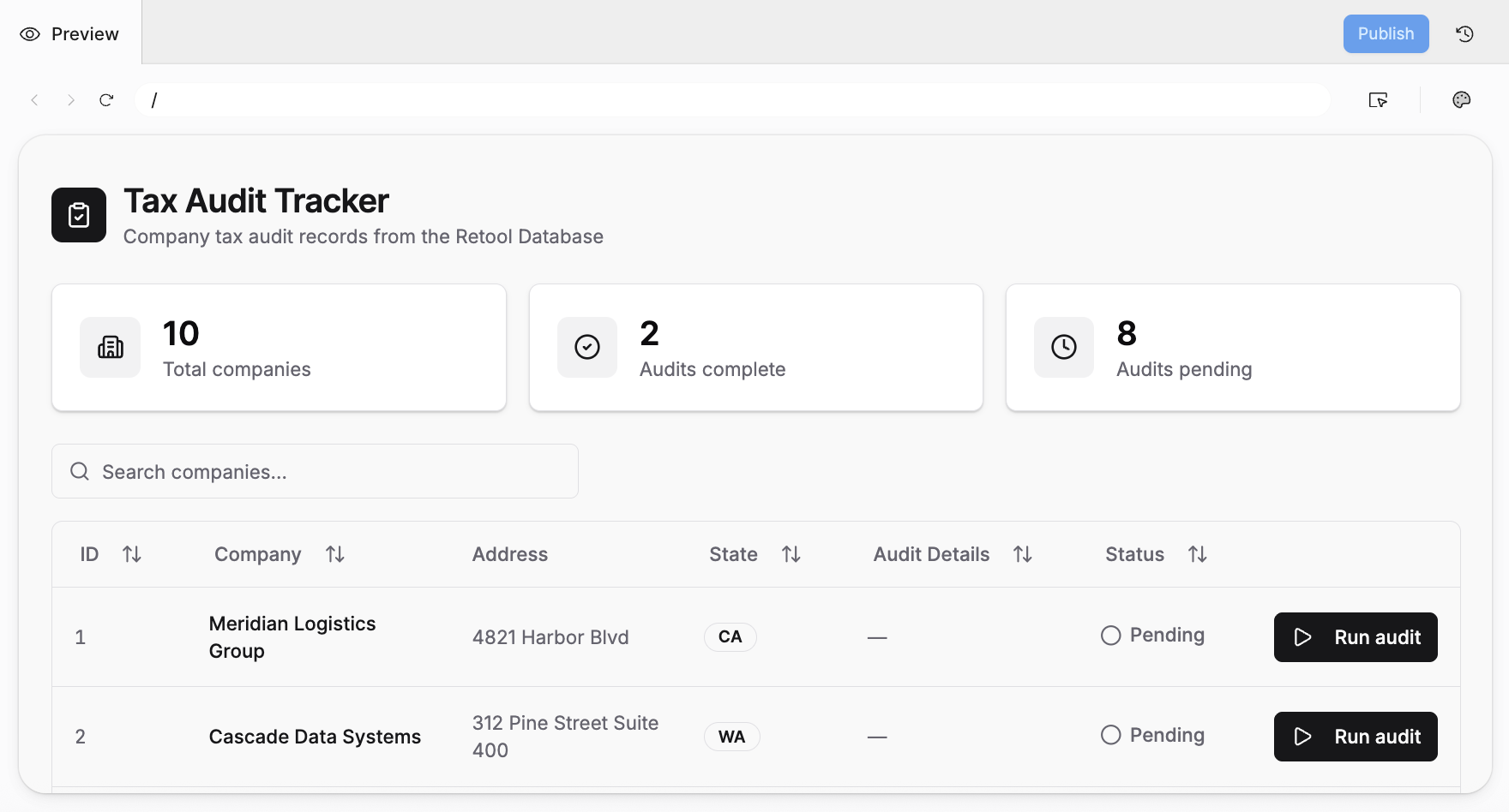Generated update to table with new Run audit button