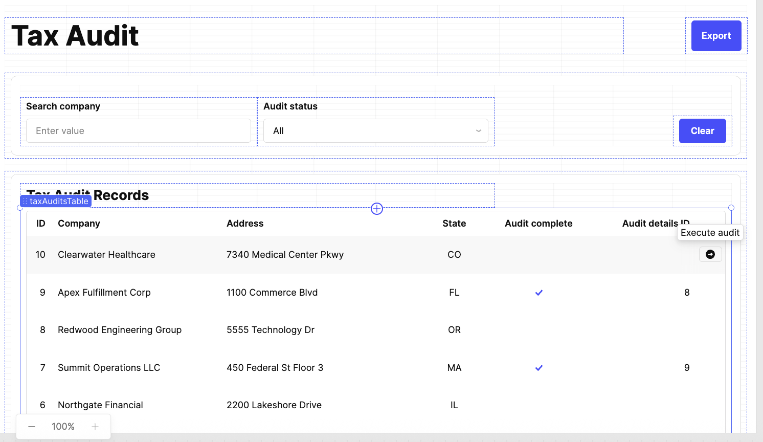 App with row hover action button visible
