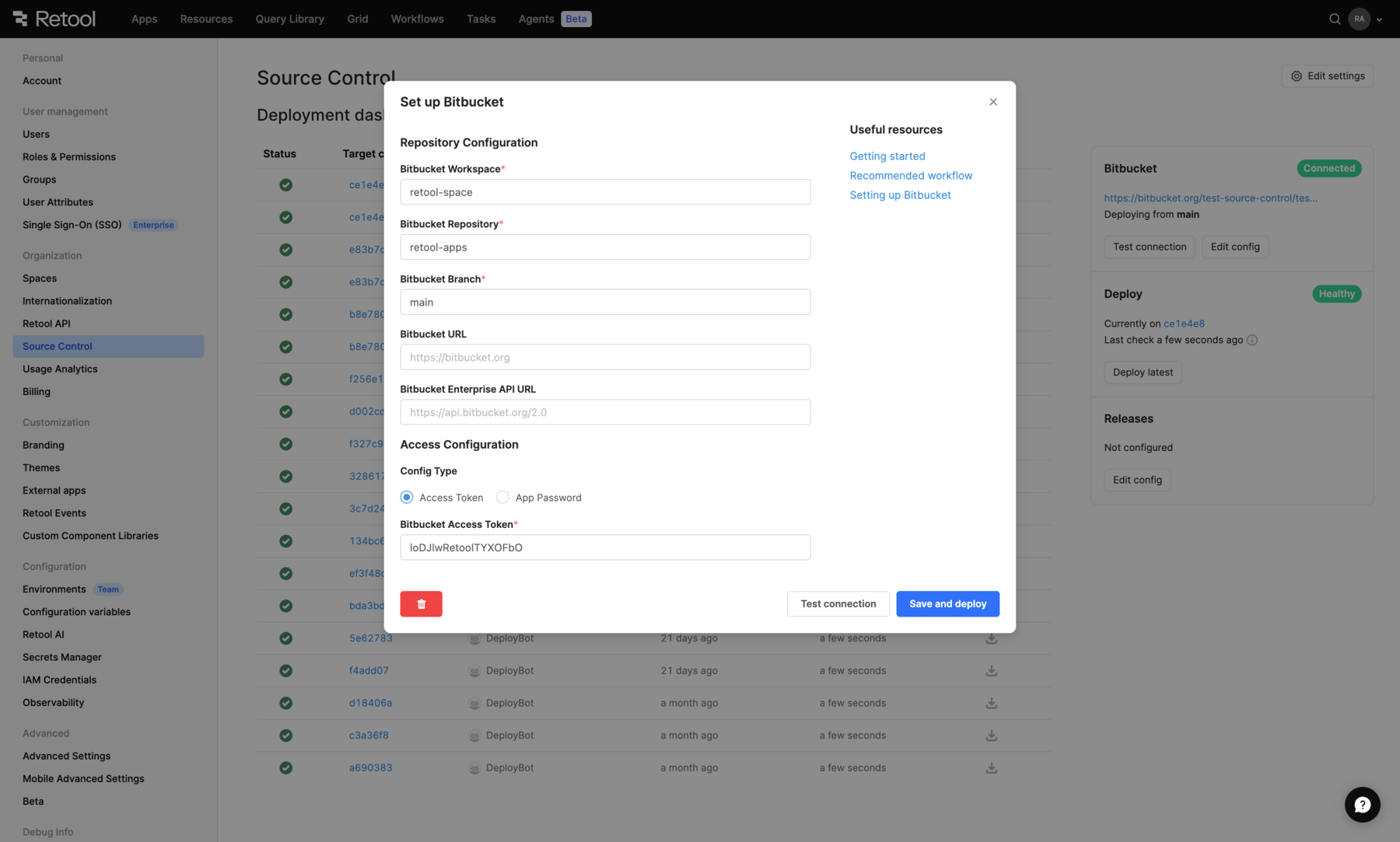 Configure Bitbucket settings on Retool