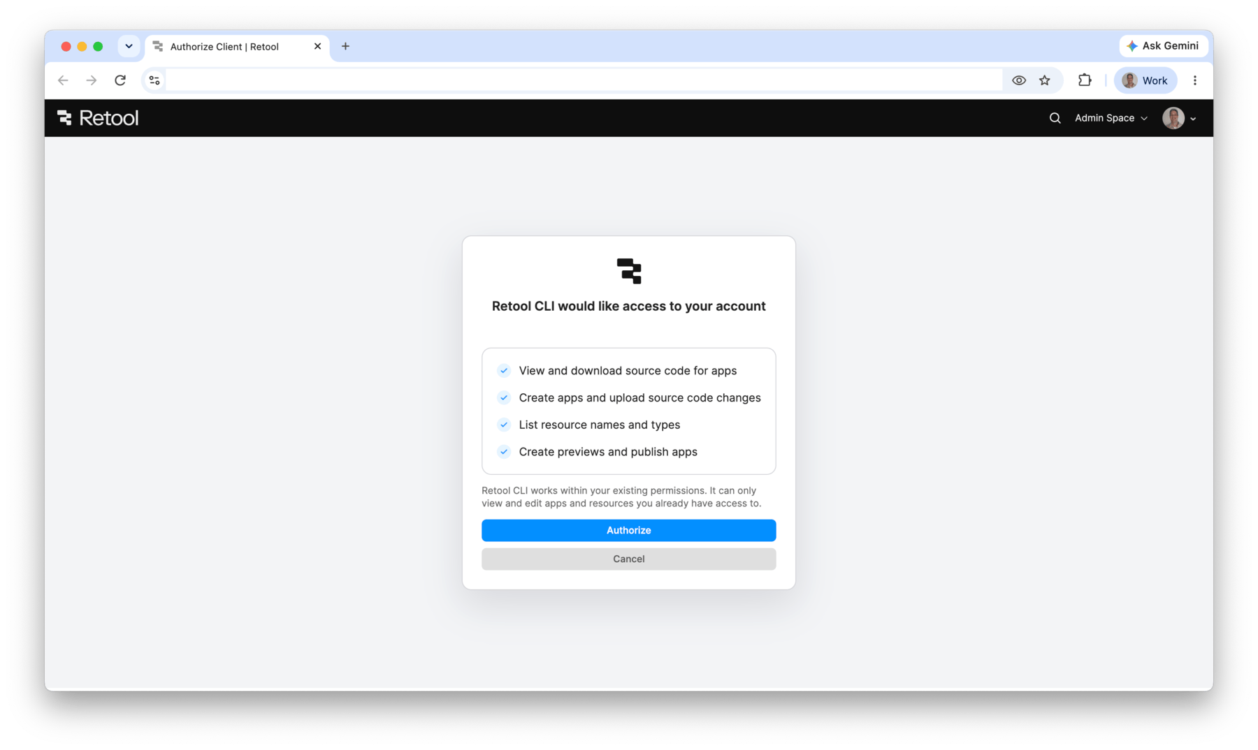 Browser authorize prompt