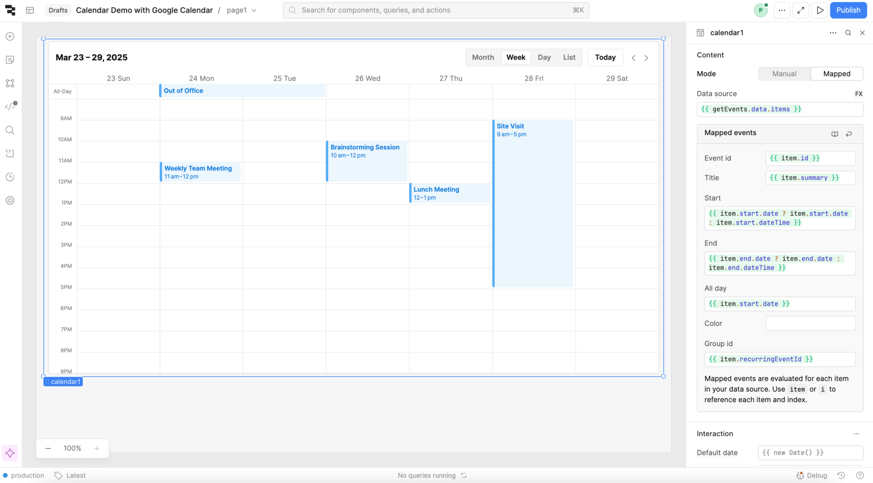Calendar component settings