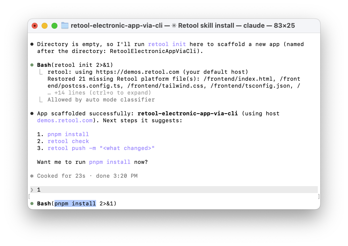 Claude Code scaffolding an empty app