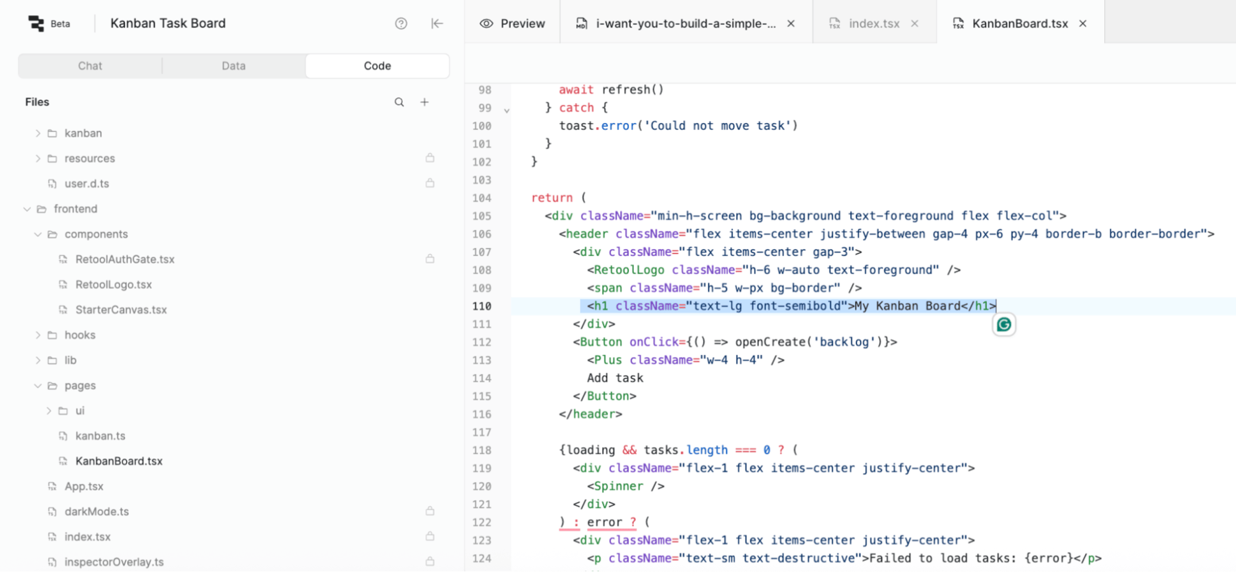 Code tab direct edit