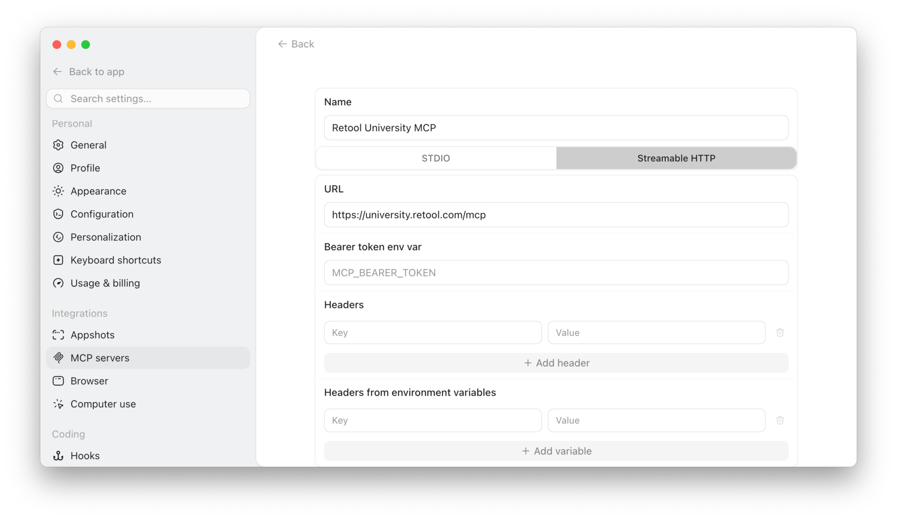 Codex MCP Server Settings