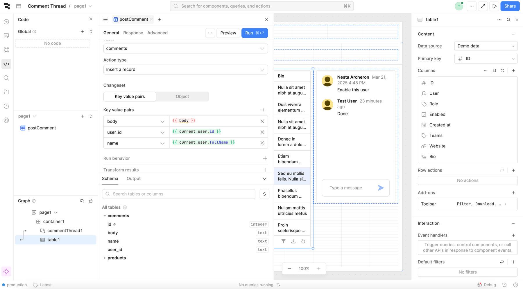 A resource query that adds a comment to the database.