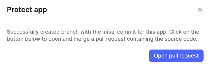 Protect app dialog confirming the initial commit branch was created, with an Open pull request button