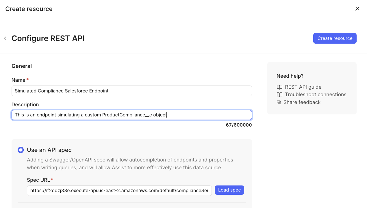 Load Spec button in the Configure Resource panel